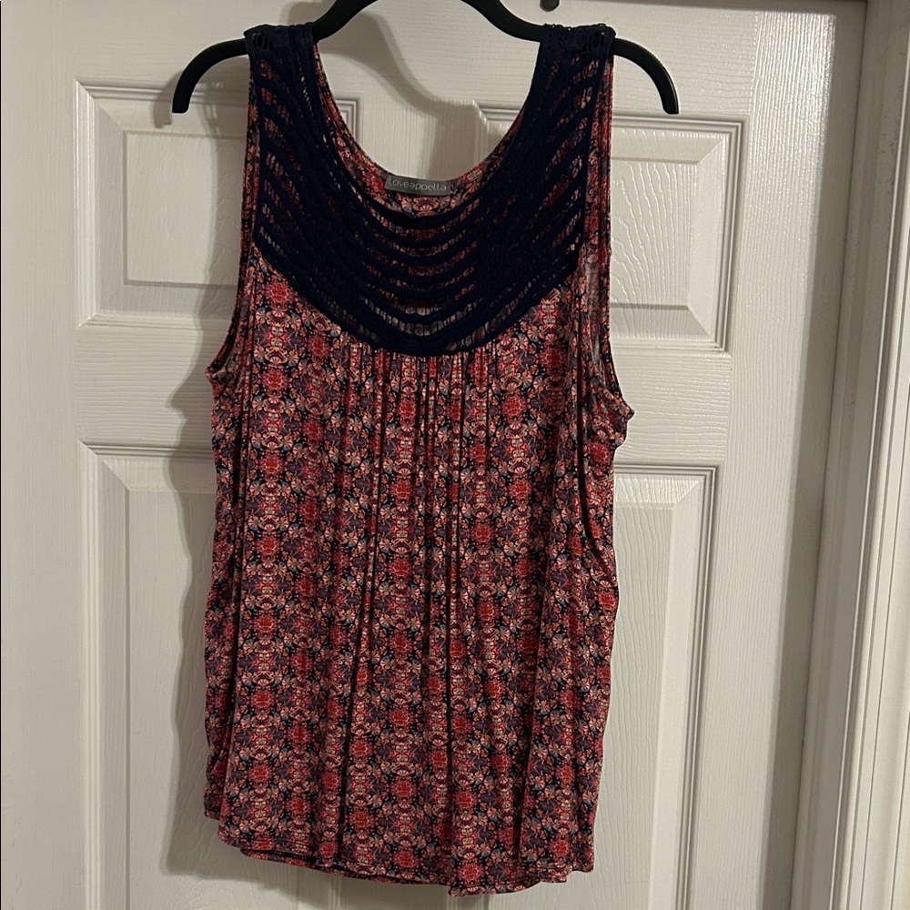 Loveapella  Navy Crochet Yoke Floral Tank